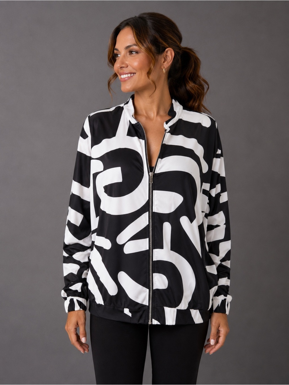 New Black & White Abstract Print Zip-Up Bomber Jacket - Picture 4 of 16